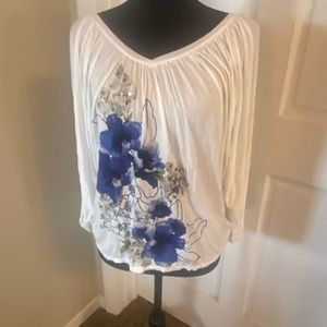 White blouse with blue/black flower detail some sequins, perfect condition